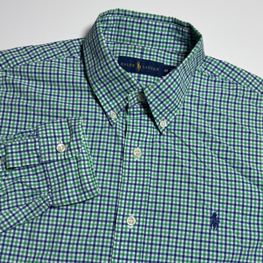 Ralph Lauren Gingham Check Men's M Green Blue Long Sleeve Button Down Pony Shirt